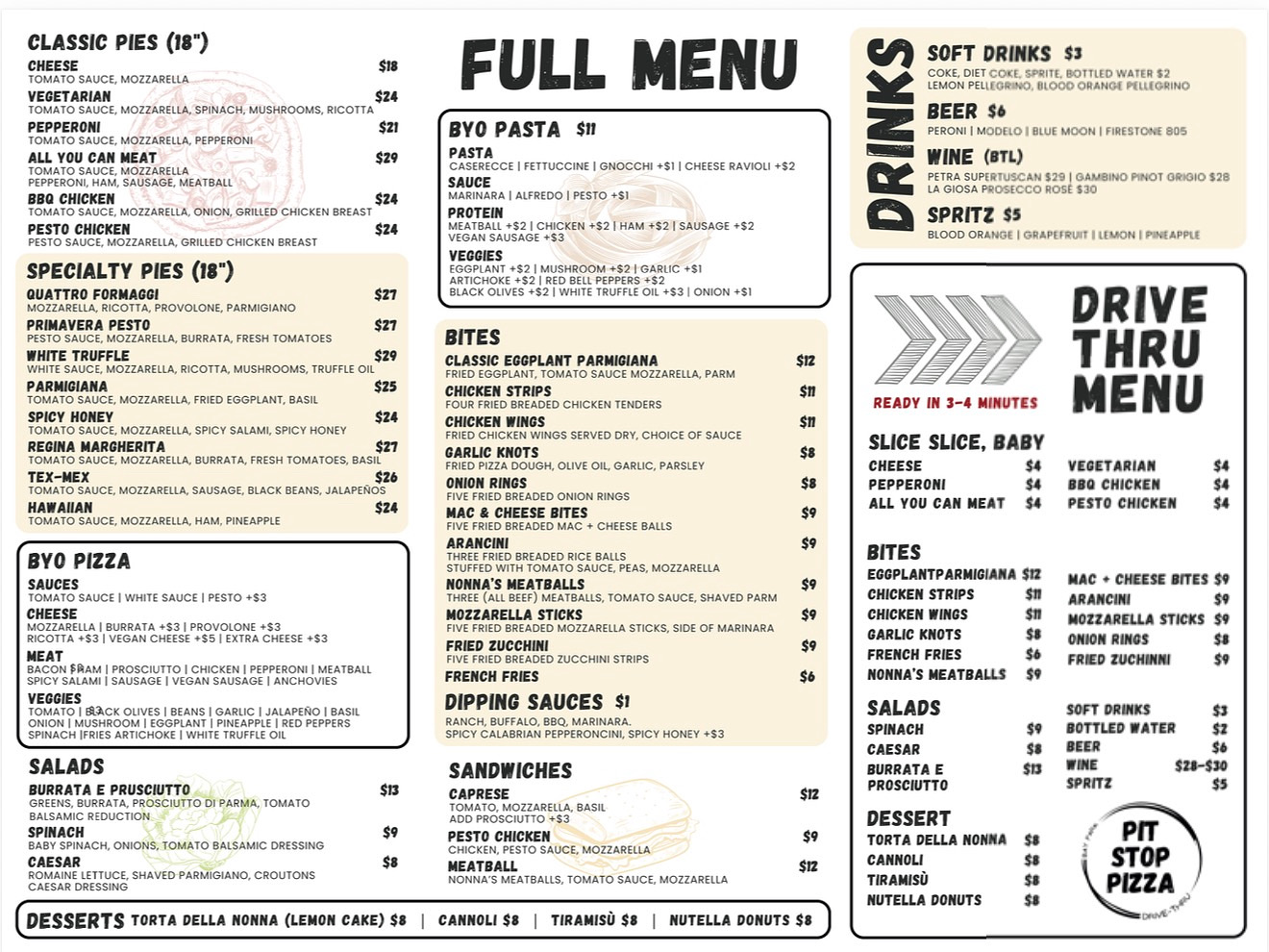Pit Stop Pizza Menu - Main Menu